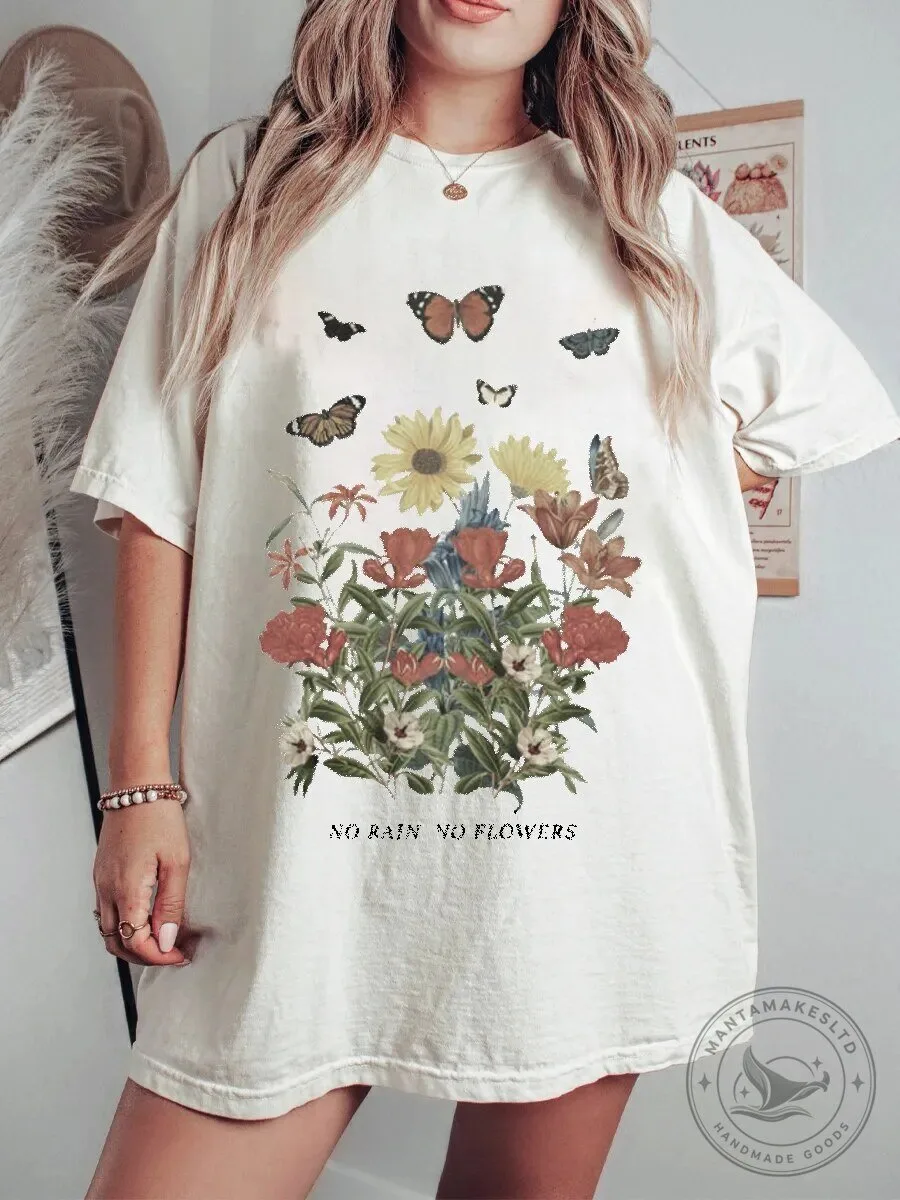No Rain No Flowers Vintage Butterfly Floral Garden T-Shirt
