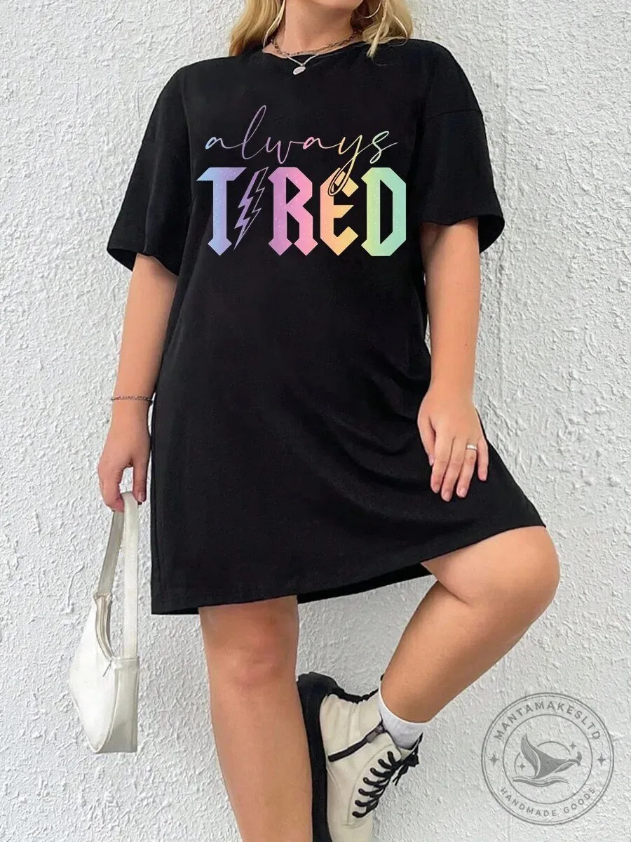 Always Tired Rainbow Lightning Bolt Graphic T-Shirt Dress