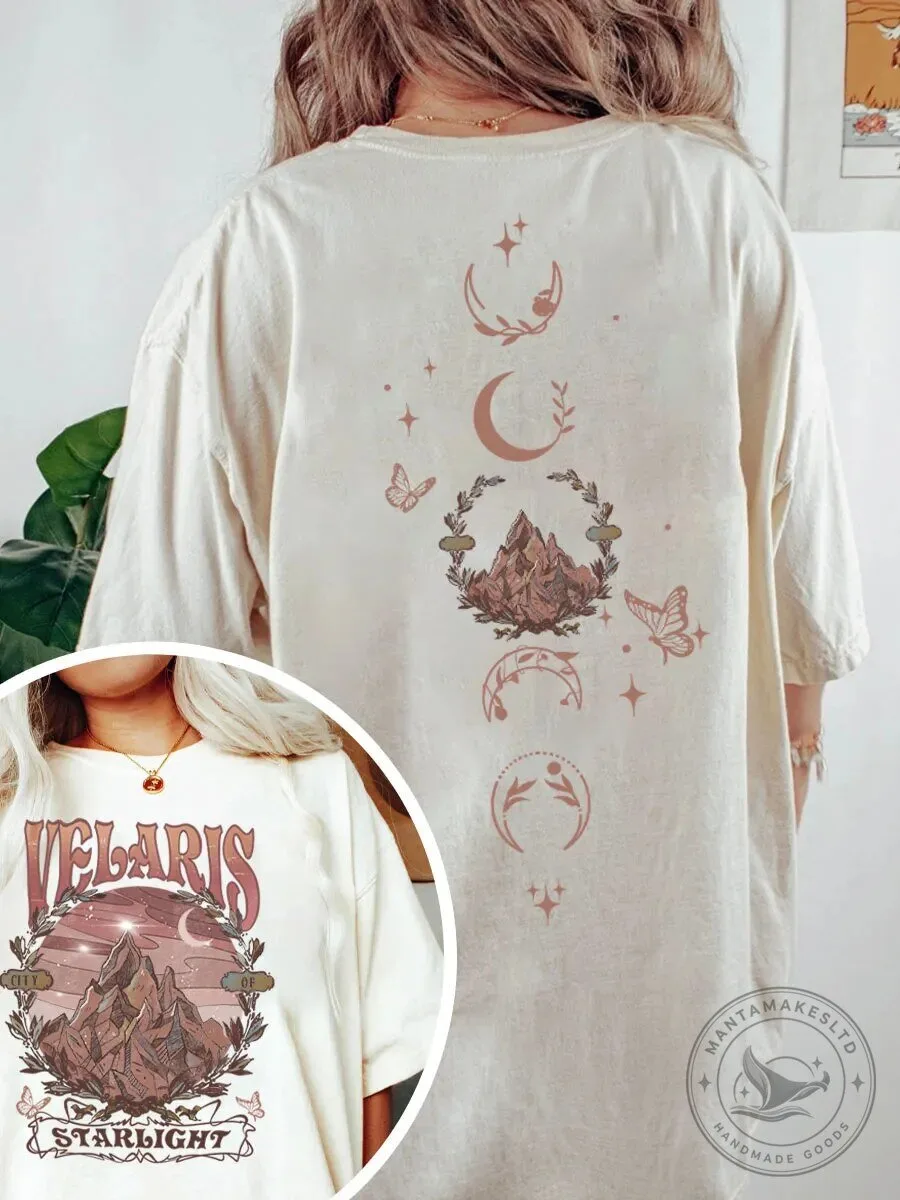 Vintage Dragon Fantasy Quote Graphic T-Shirt 3 Velaris City of Starlight Mountain Crescent Moon Fantasy Book T-Shirt