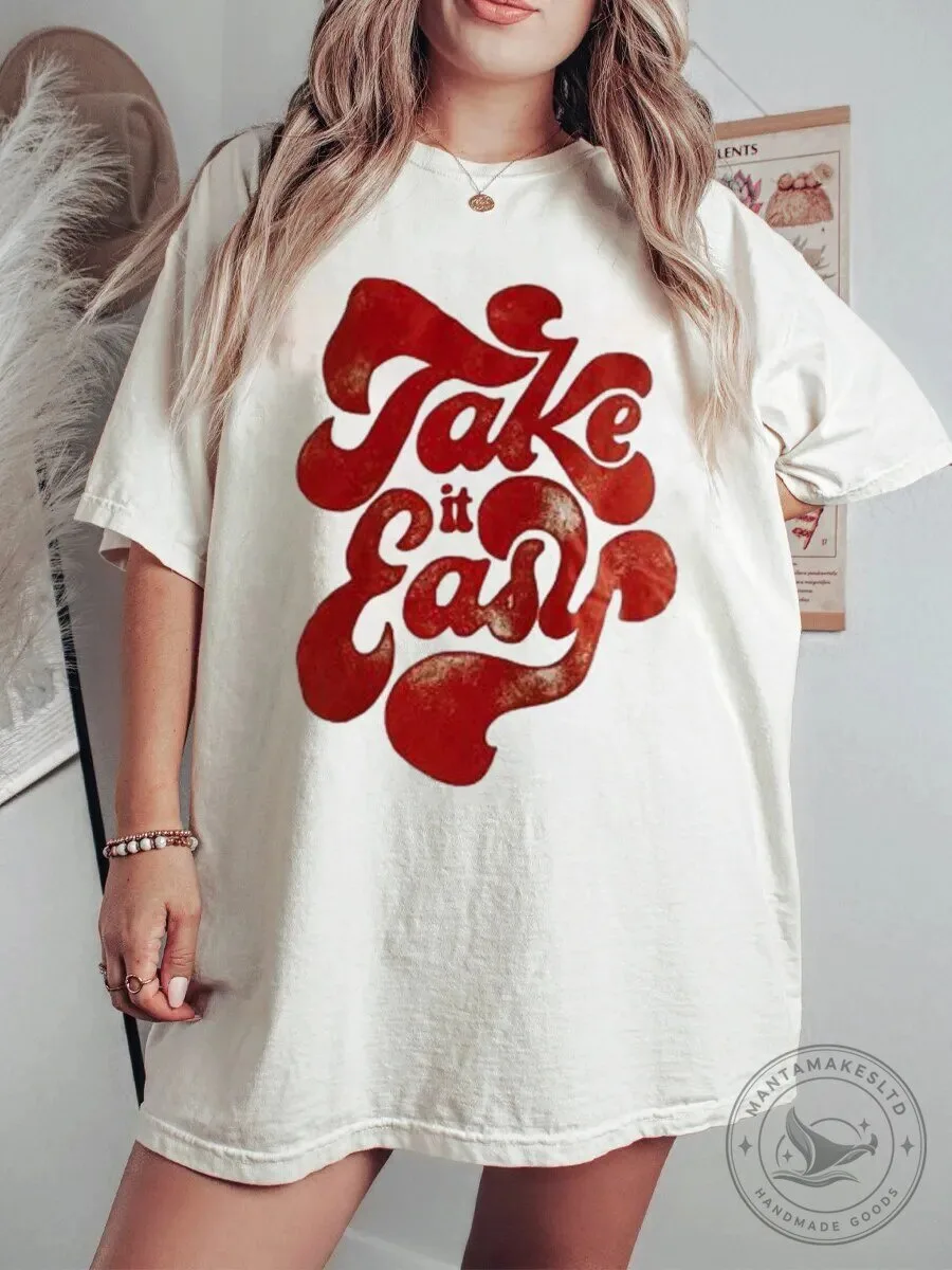 Take It Easy Vintage Style Graphic T-Shirt for Women, Retro Casual Tee