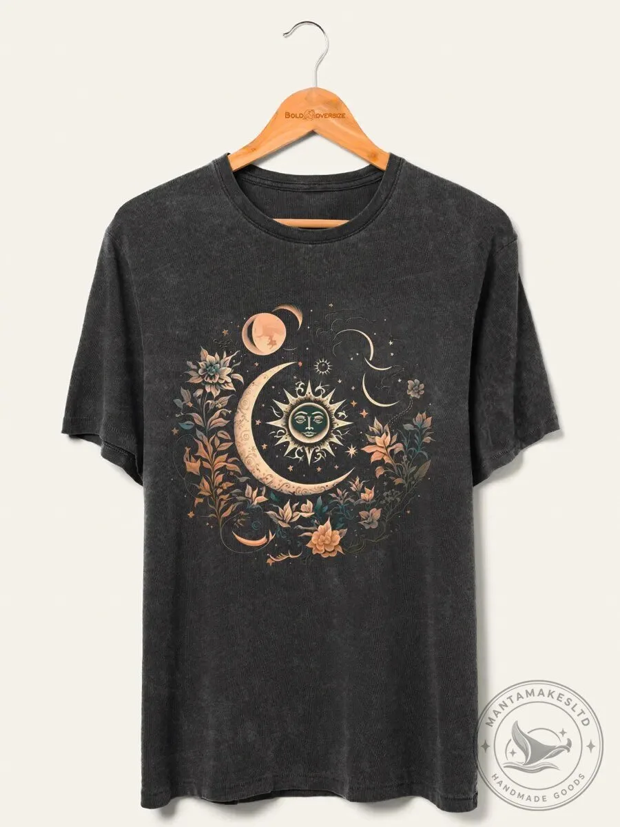 Mystic Moon and Sun Floral Celestial Washed T-Shirt
