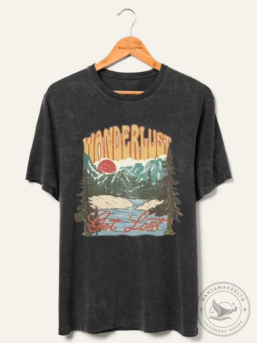 Wanderlust Get Lost Mountain Lake Forest Sunset Graphic Washed T-Shirt